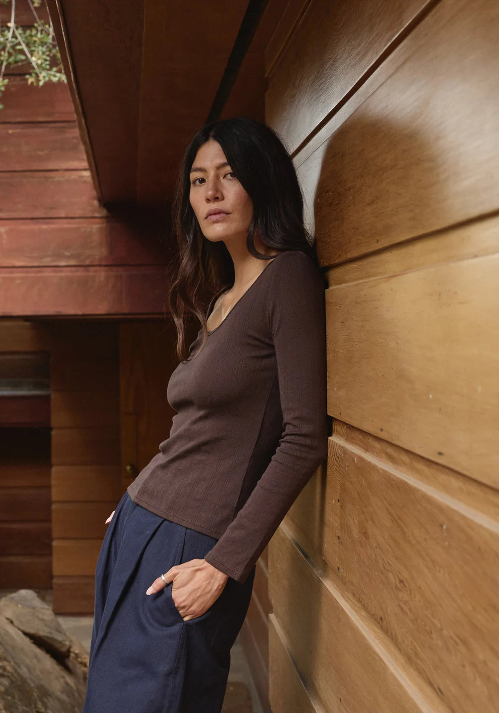 Long Sleeve Pointelle Scoop Neck Tee in Walnut