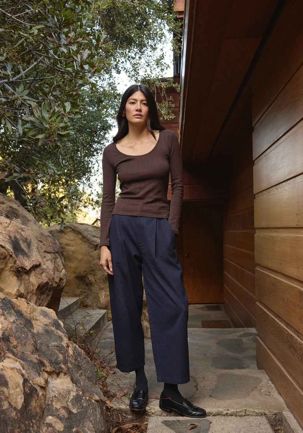 Long Sleeve Pointelle Scoop Neck Tee in Walnut