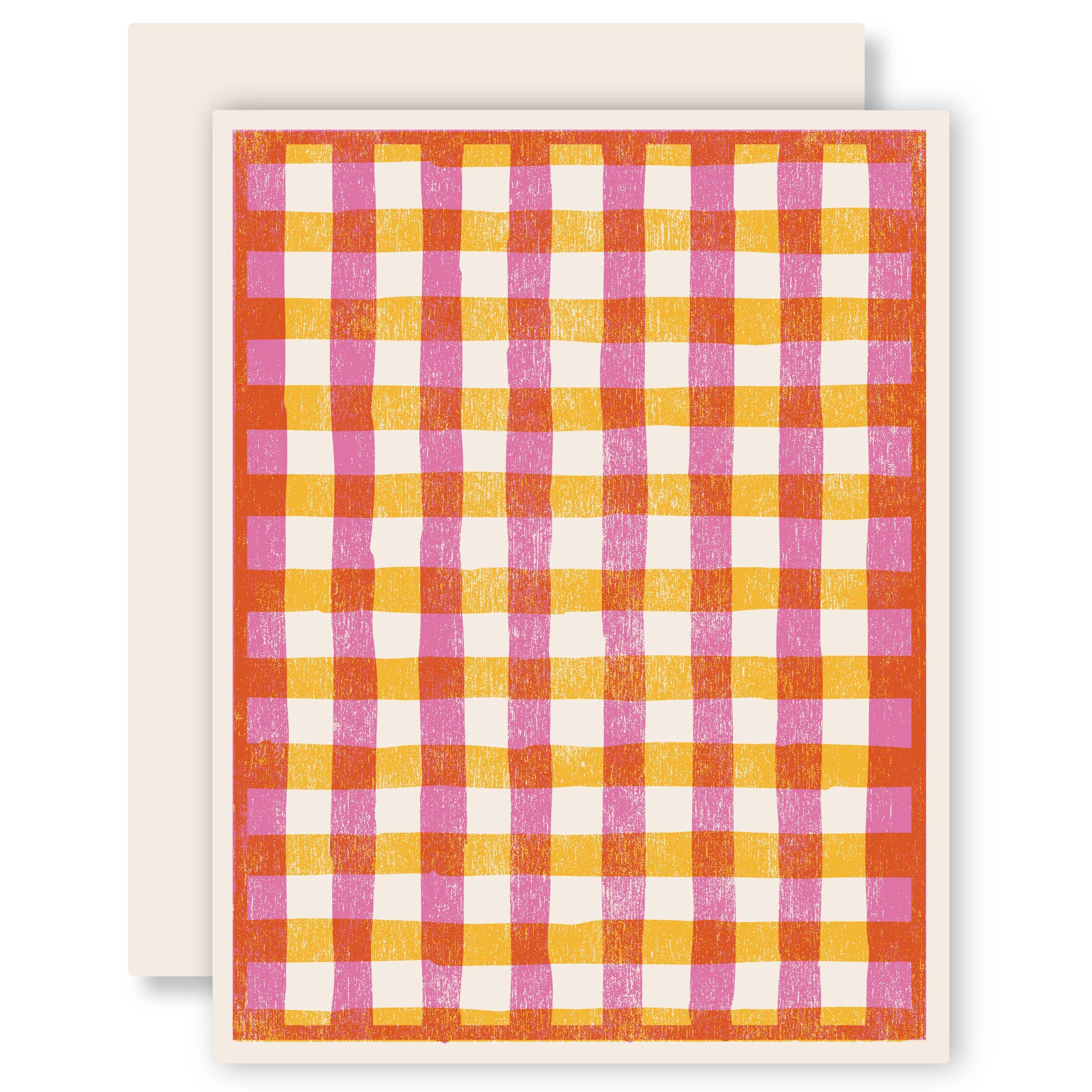 Greeting card with a colorful plaid pattern on a white background