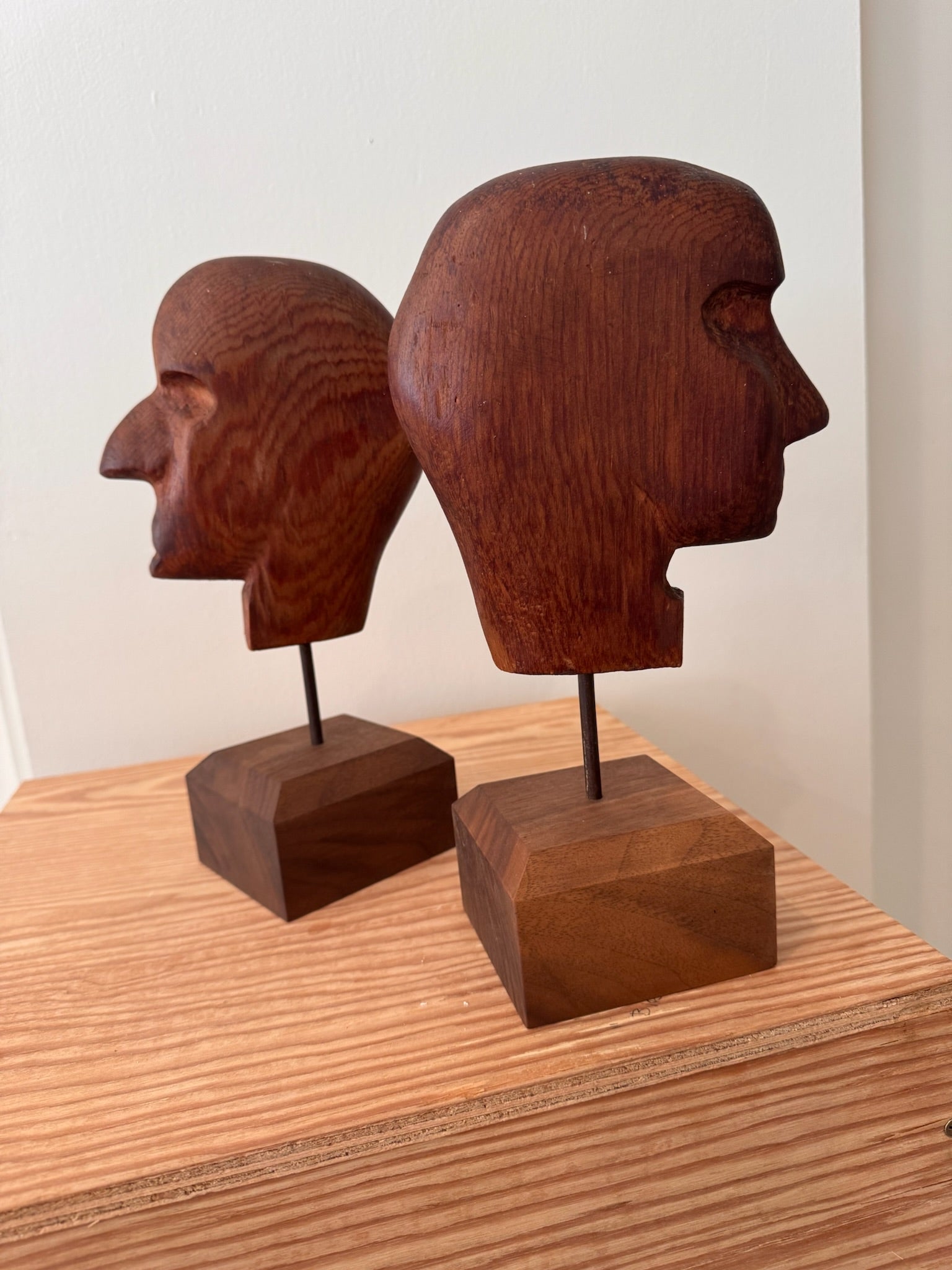Set of Two Carved Wooden Heads
