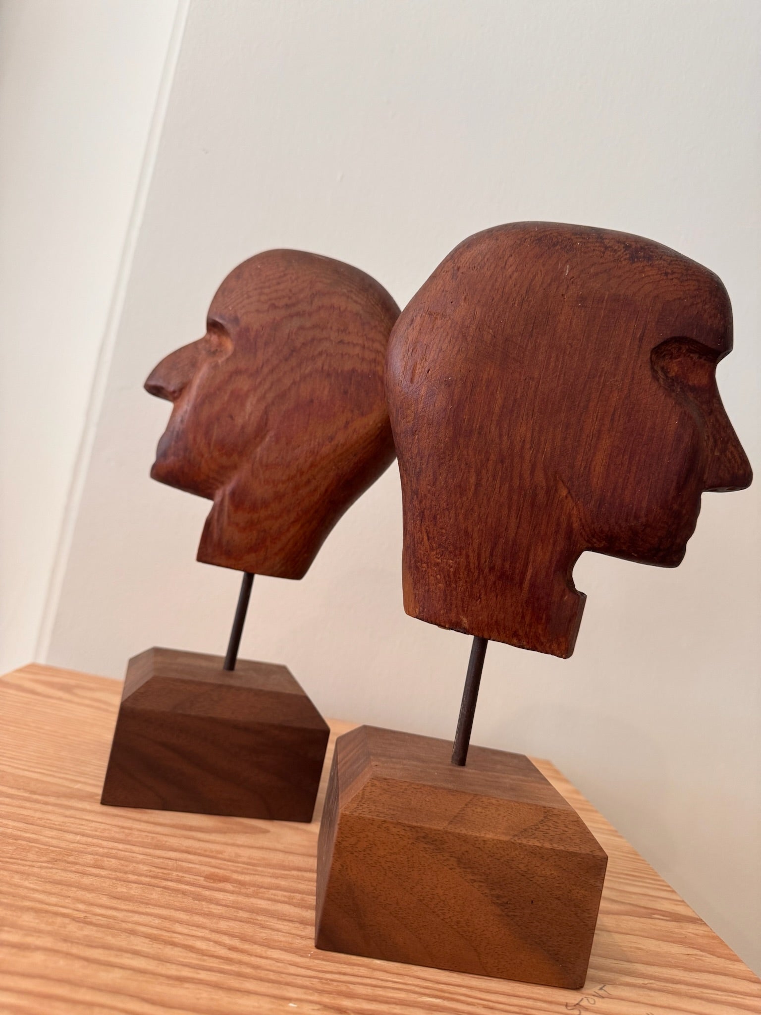 Set of Two Carved Wooden Heads