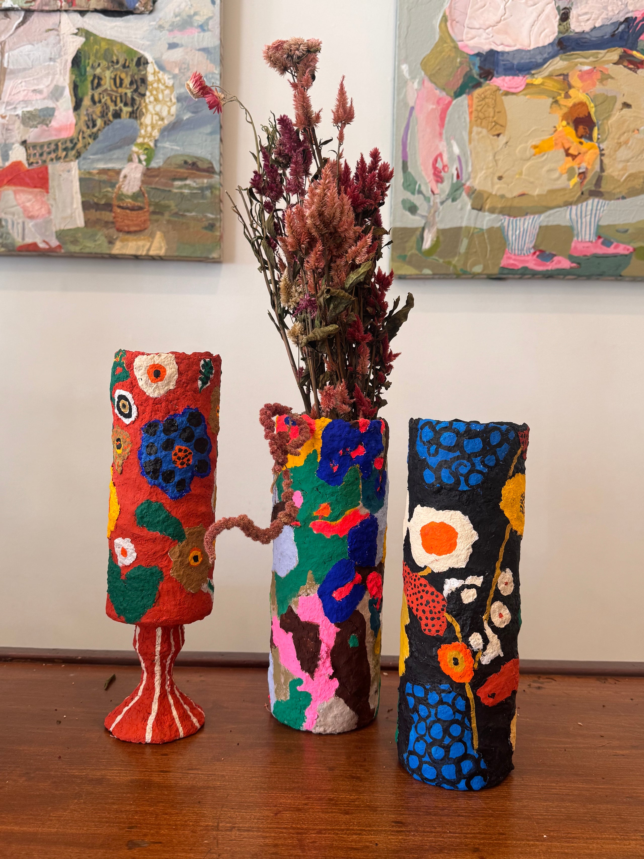 Floral Tube Vessel - Multi Black