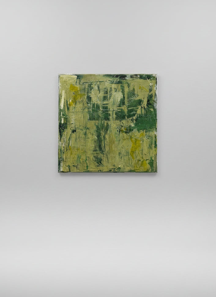 Abstract painting with green and yellow tones on a beige wall, accompanied by color swatches below.