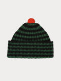 Brushed Rib Narrow Stripe Hat Contrast Pompom in Black + Asparagus