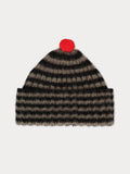 Brushed Rib Narrow Stripe Hat Contrast Pompom in Black + Moss