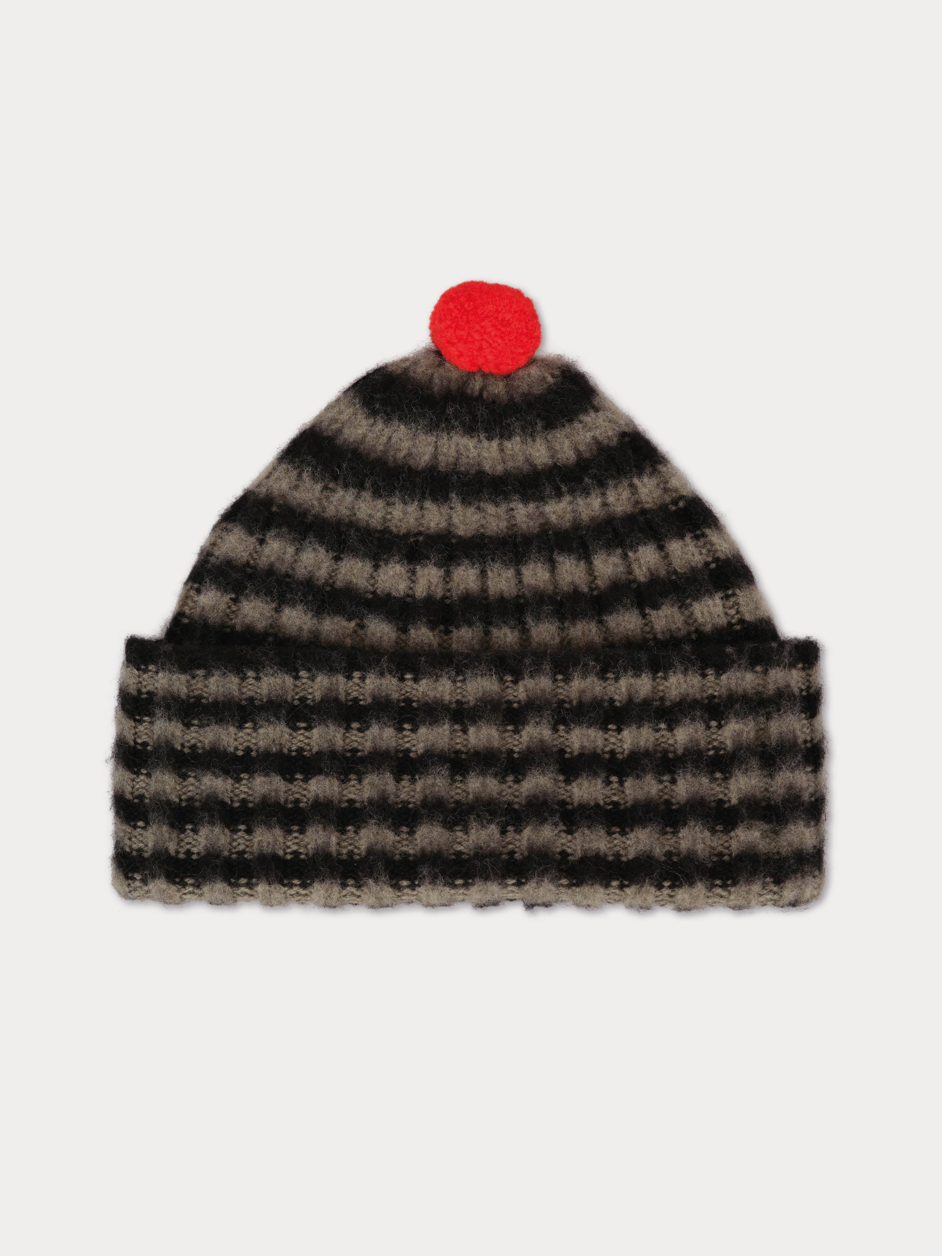 Brushed Rib Narrow Stripe Hat Contrast Pompom in Black + Moss