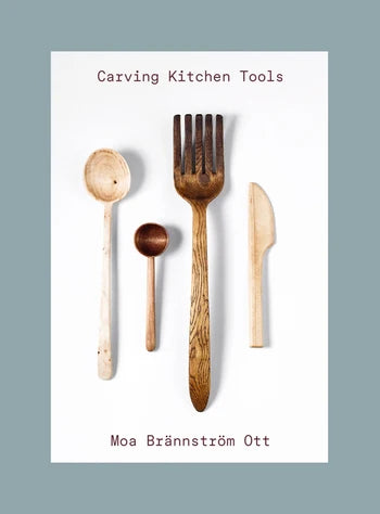 Set of wooden carving kitchen tools on a white background with text 'Carving Kitchen Tools' and author's name.