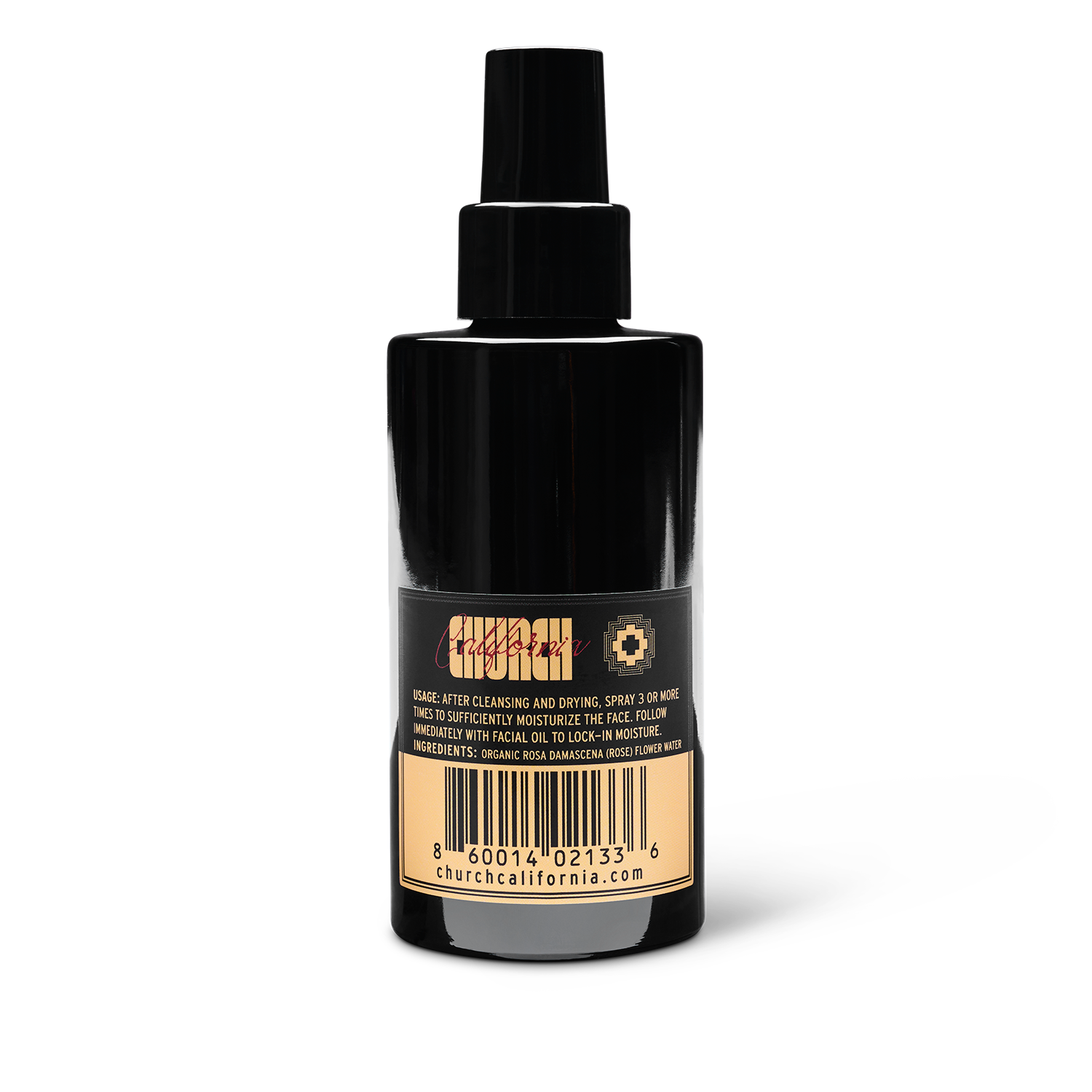 Black spray bottle with label on a white background