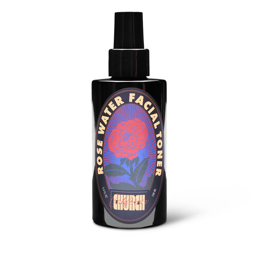 Black bottle of Church Rose Water Facial Toner on a white background