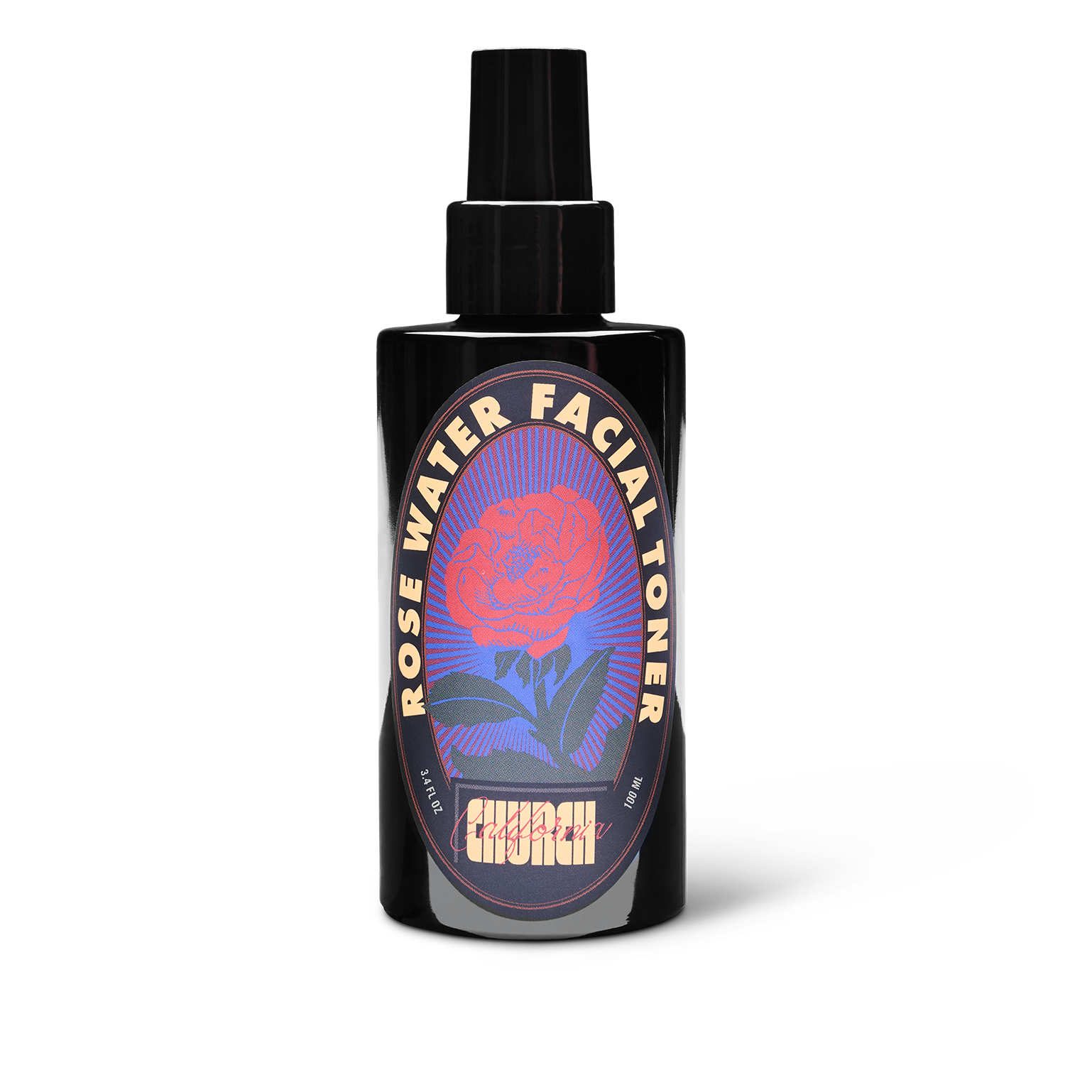 Black bottle of Church Rose Water Facial Toner on a white background