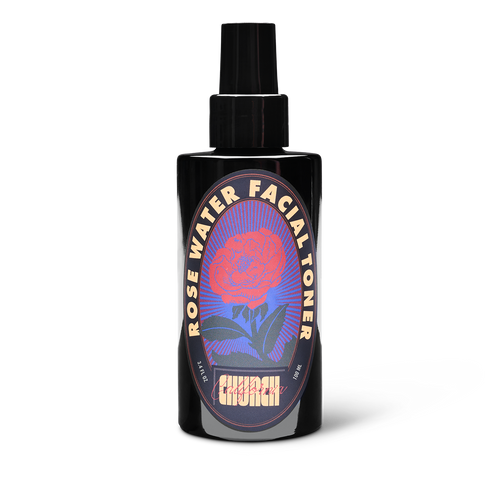 Black bottle of Church Rose Water Facial Toner on a white background