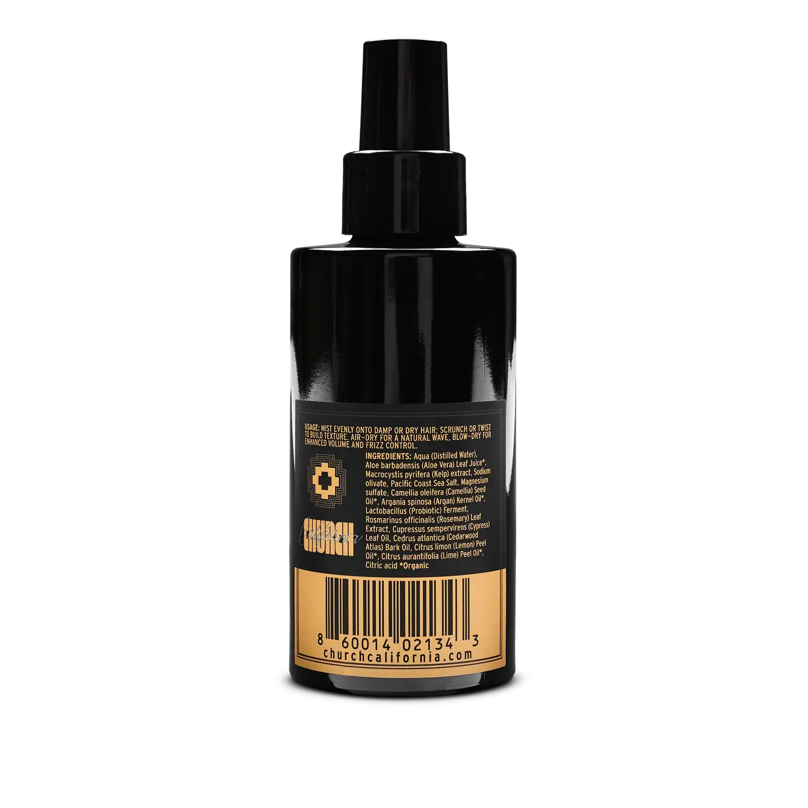 A black spray bottle with a black pump dispenser, showing the back label which features a gold barcode and the brand name 'CHURCH' in gold text, set against a plain white background.