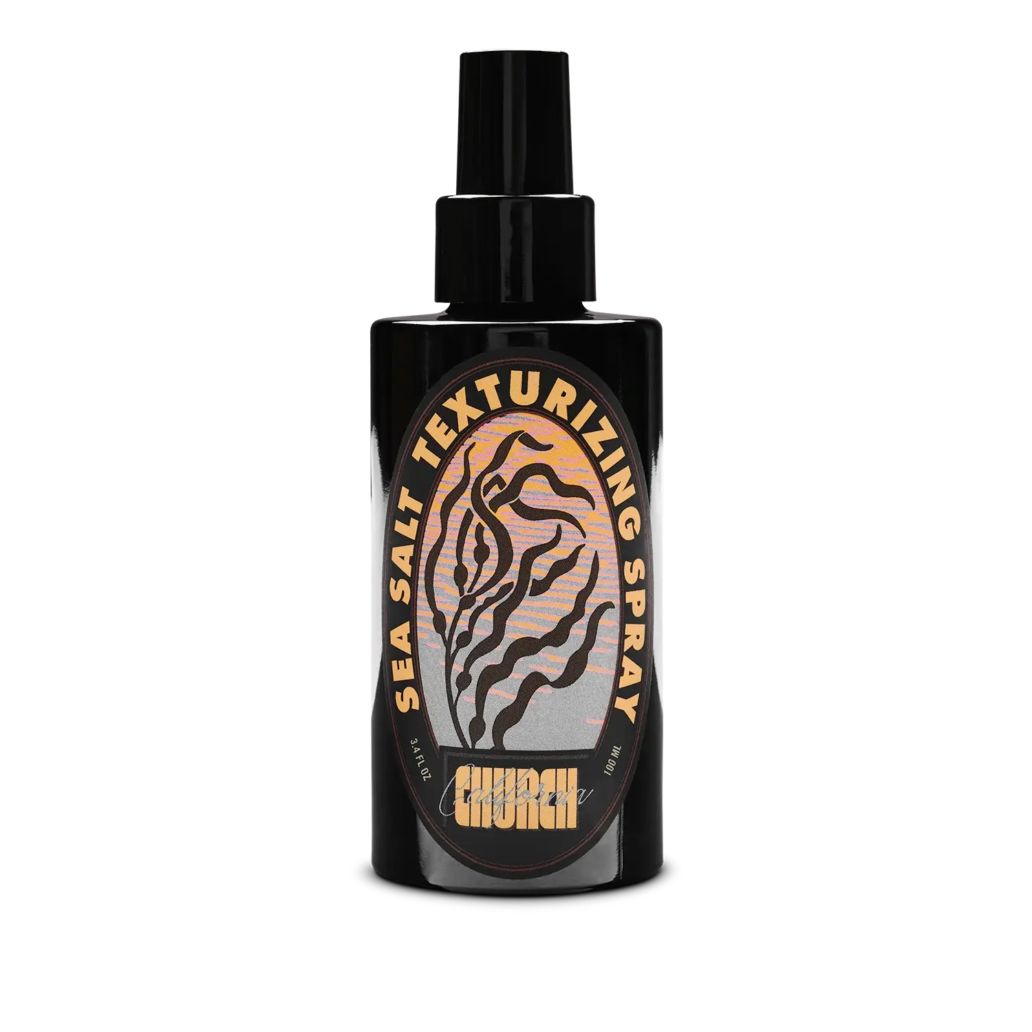 A black spray bottle of Church California Sea Salt Texturizing Spray with a black nozzle, featuring a circular label with a tiger-stripe design and gold lettering on a white background.
