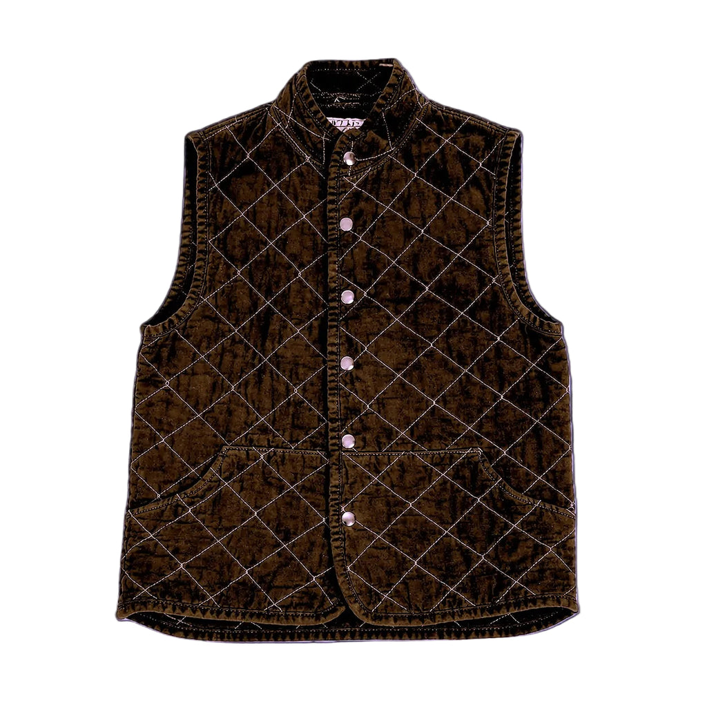 A brown quilted cotton vest with a stand collar and front button closure, shown flat against a solid white background.
