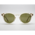 Sunglasses with clear frame and green lenses on a white background