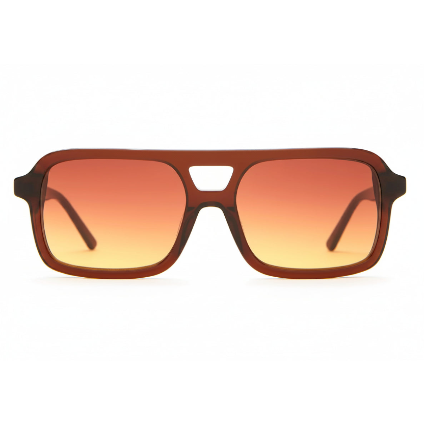 Sunglasses with brown and orange gradient lenses on a white background