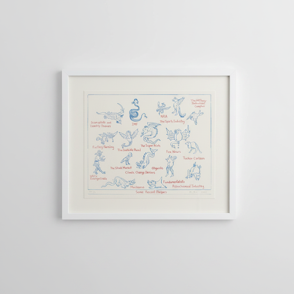Framed artwork with blue and red illustrations on a white background