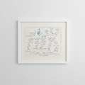Framed artwork with blue and red illustrations on a white background
