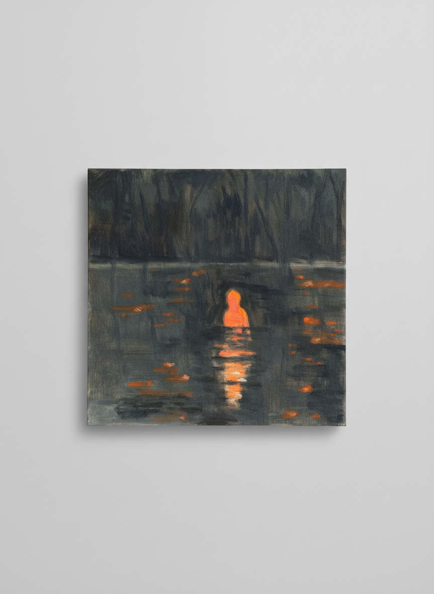 Artistic depiction of a silhouette in water with reflective light on a gray background