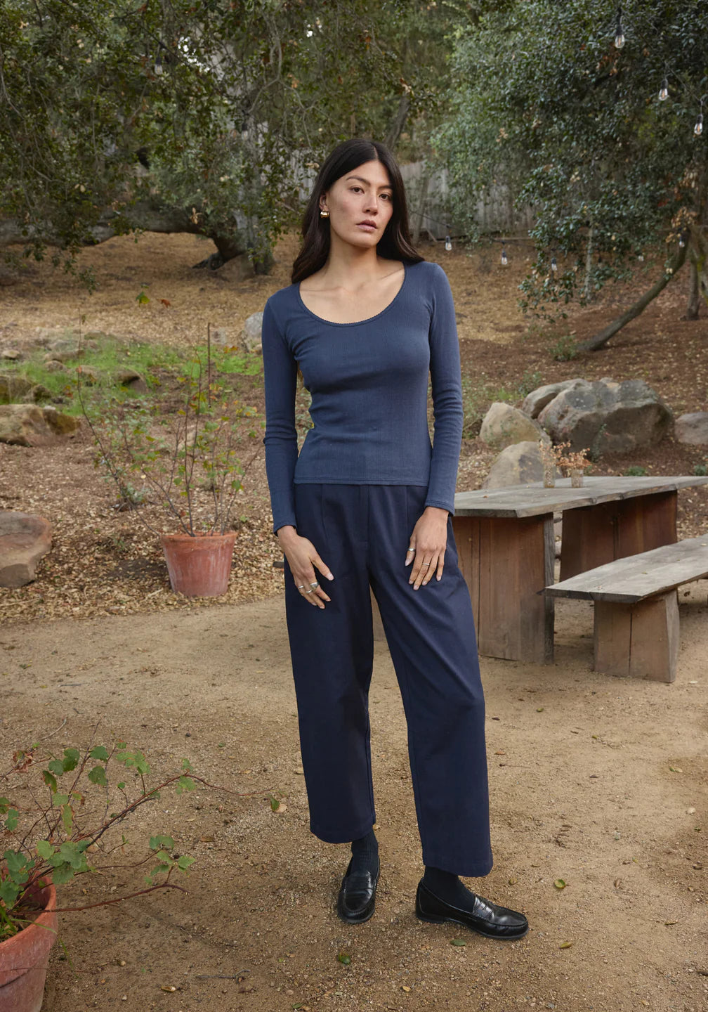 Long Sleeve Pointelle Scoop Neck Tee in Navy