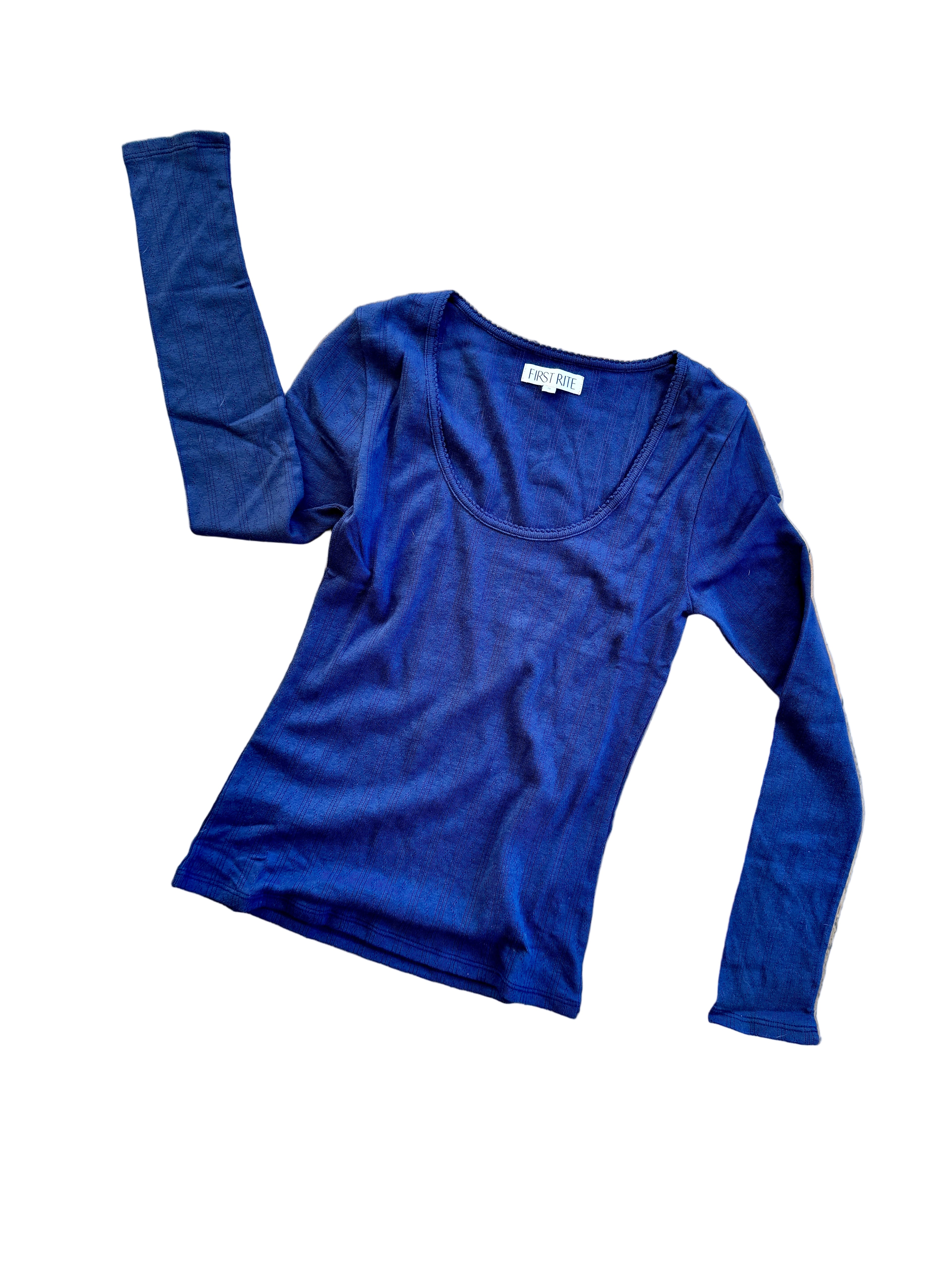 Long Sleeve Pointelle Scoop Neck Tee in Navy