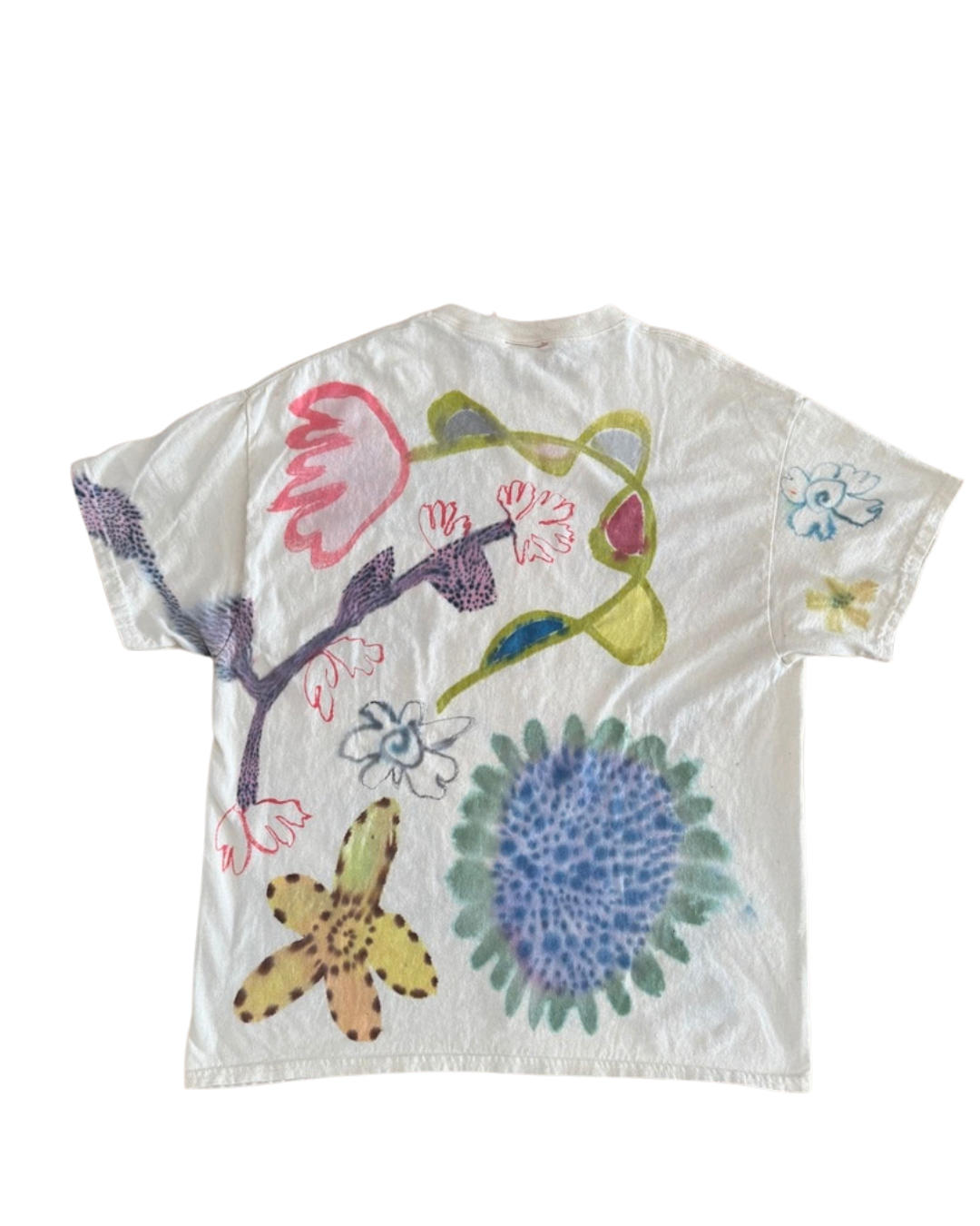 A white short-sleeve t-shirt featuring a colorful hand-painted floral design on the front, displayed flat against a white background.