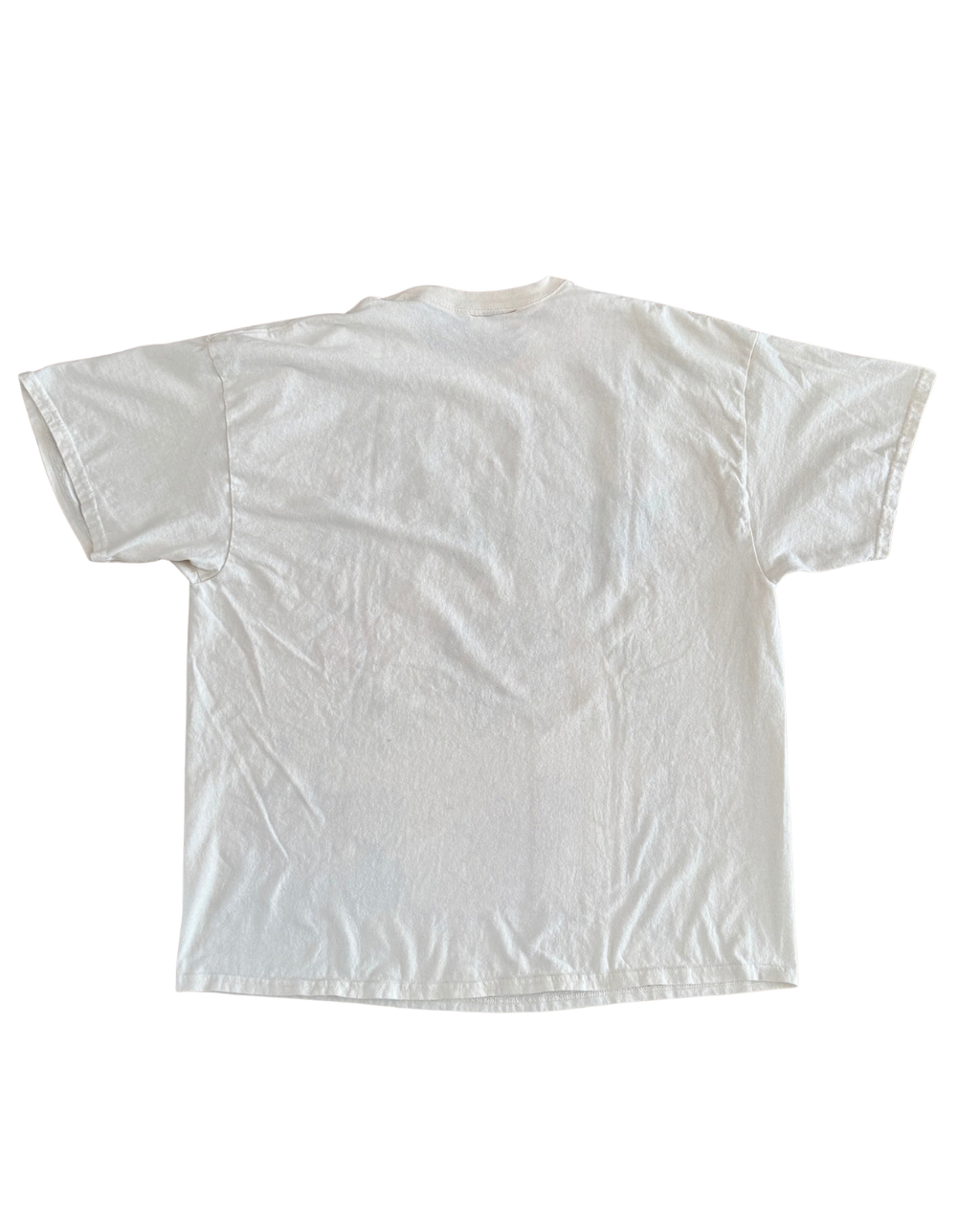 A plain white short-sleeve t-shirt shown from the back, laid flat against a white background.