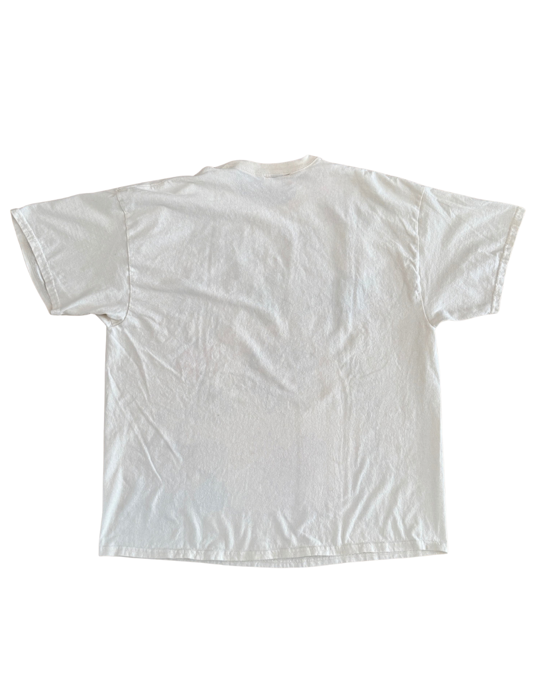 A plain white short-sleeve t-shirt shown from the back, laid flat against a white background.