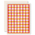 Greeting card with a colorful plaid pattern on a white background