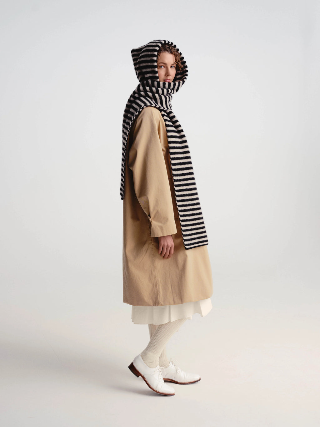 Striped Brushed Hood Scarf Black + Oatmeal