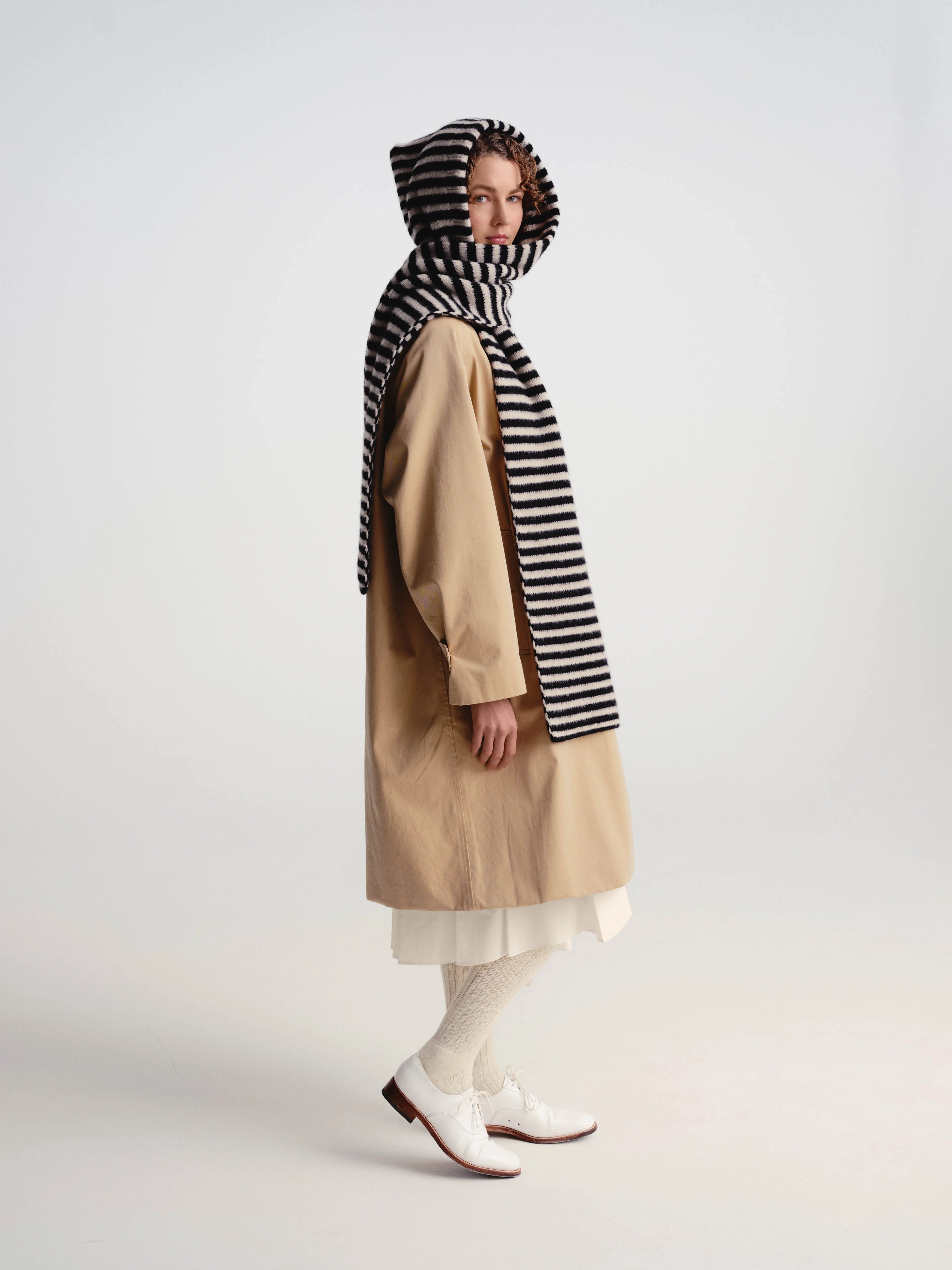 Striped Brushed Hood Scarf Black + Oatmeal