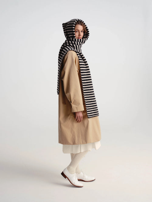 Striped Brushed Hood Scarf Black + Oatmeal