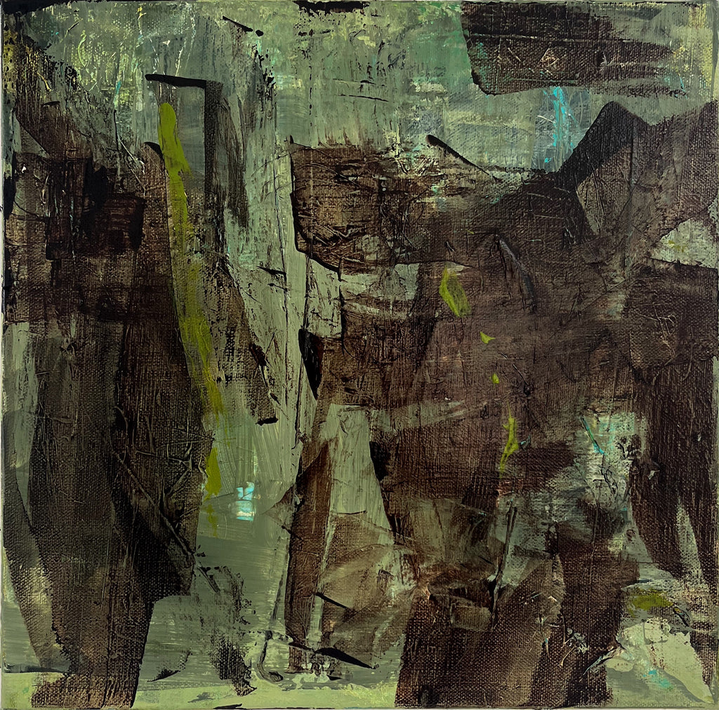 Abstract art piece with textured brushstrokes in brown, green, and gray.
