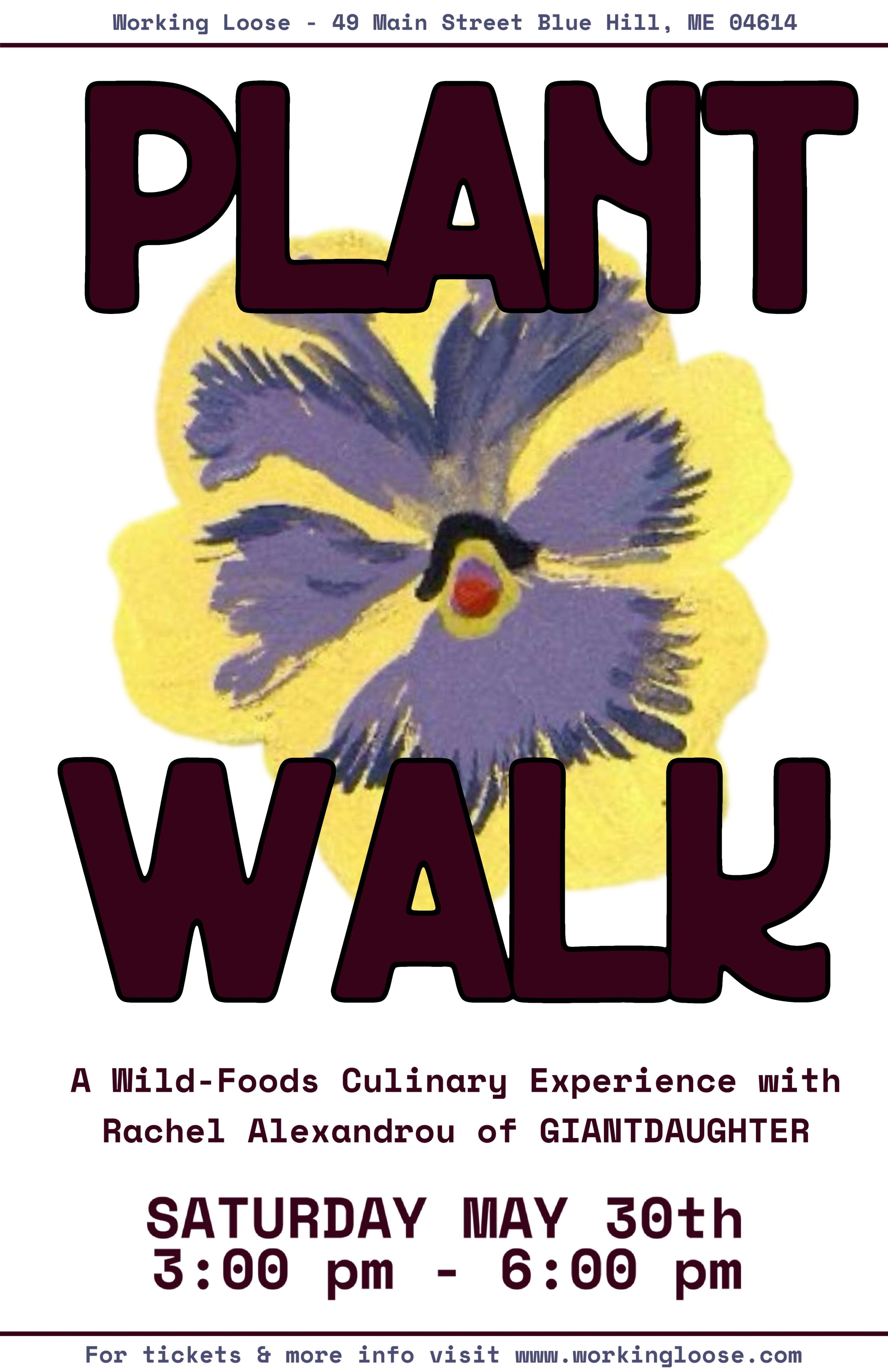 Poster for a plant walk event with a purple flower illustration on a white background.