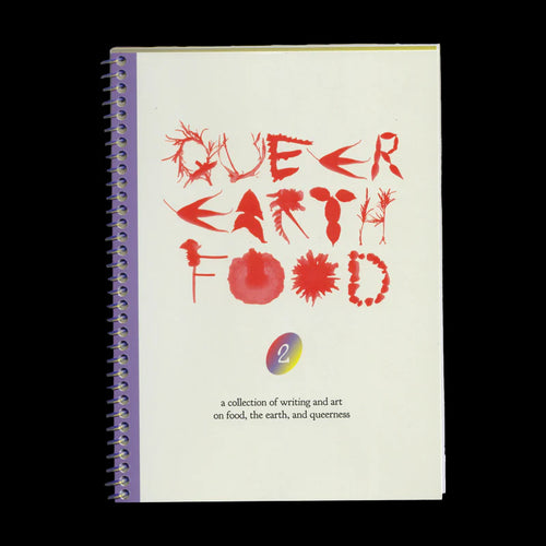 Book titled 'Queer Earth Food' with red text on a white background
