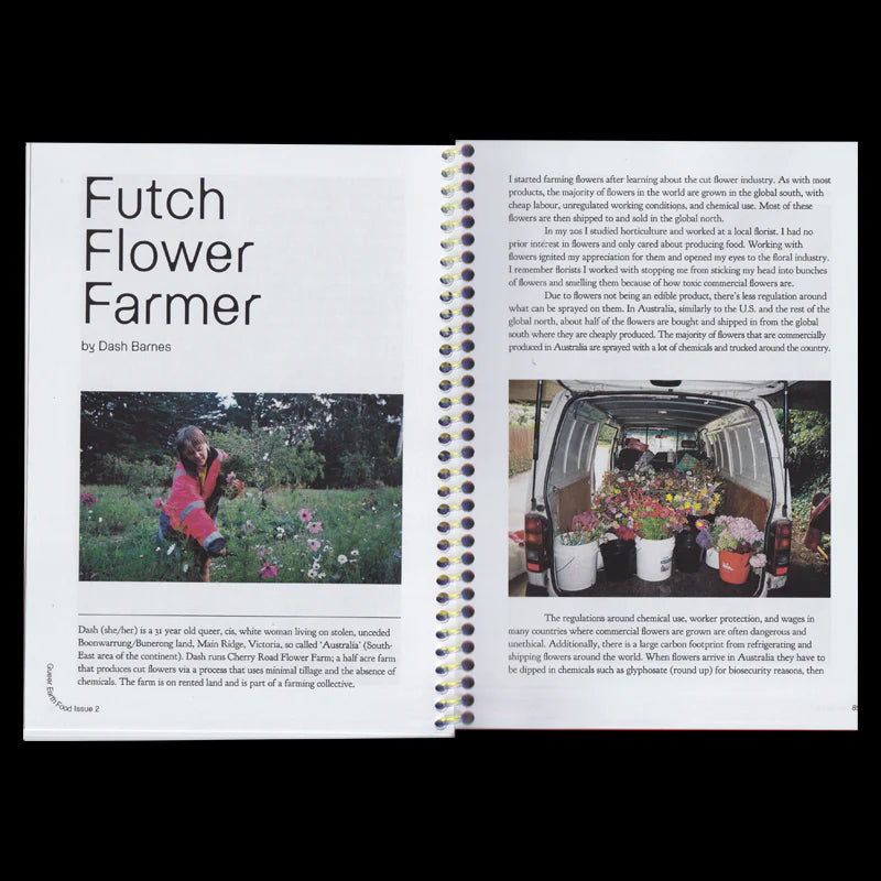Open book showing a feature about 'Futch Flower Farmer' with images and text.