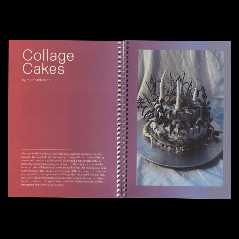 Open book showing a cake with antlers and text on a purple background