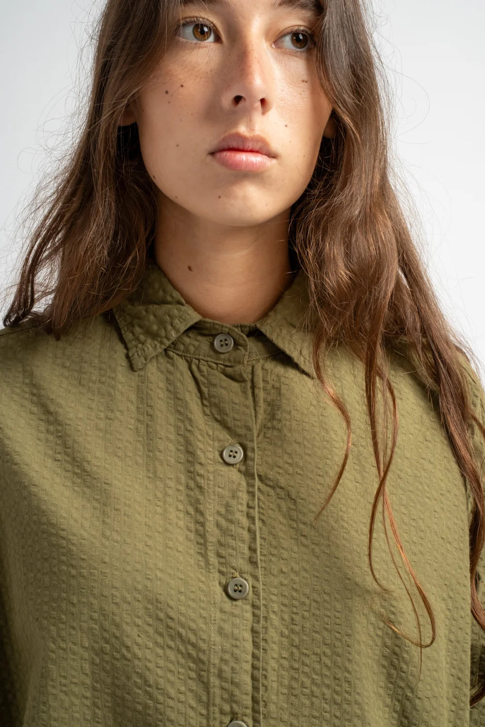 The Shirt Dress in Olive Seersucker