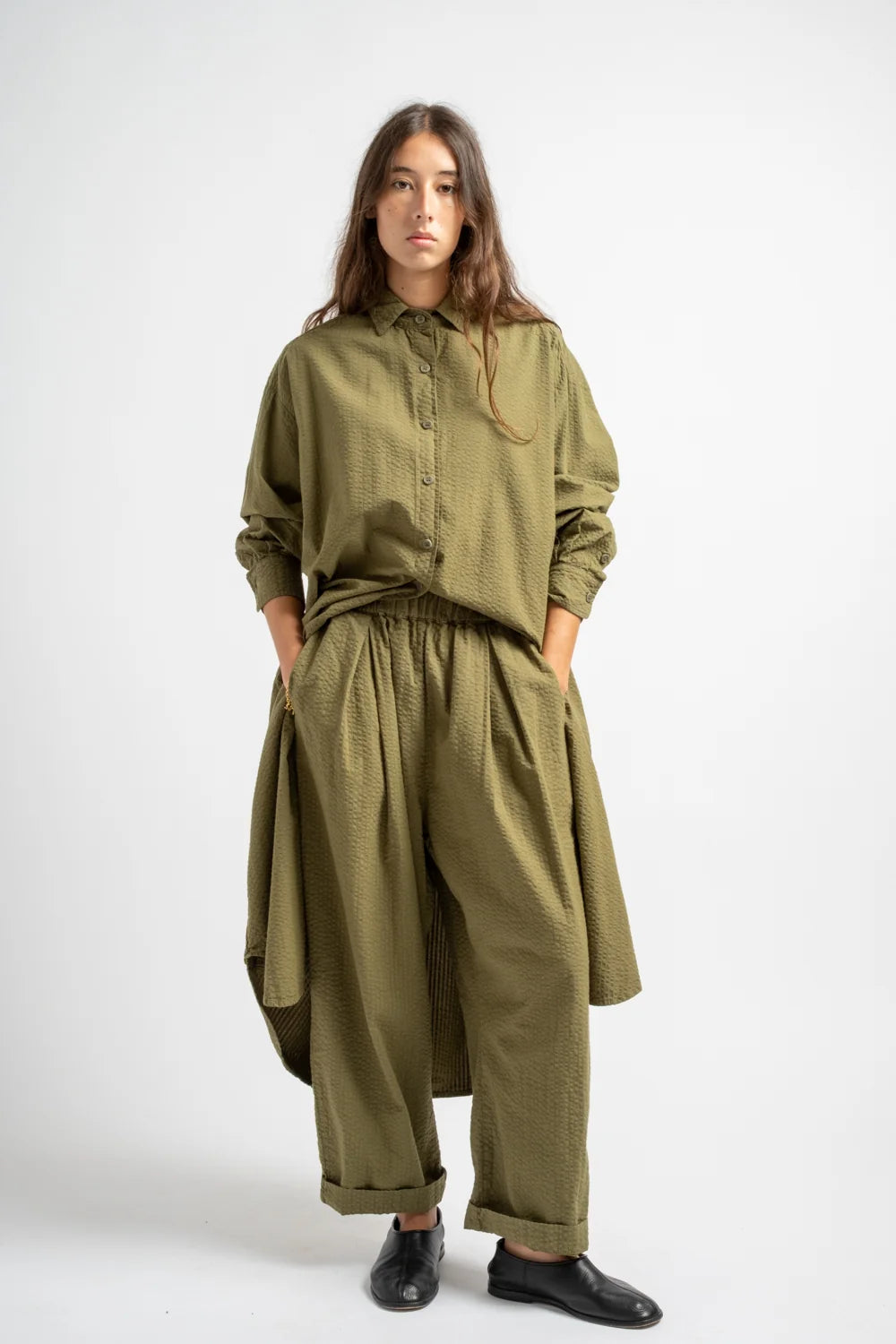 The Shirt Dress in Olive Seersucker