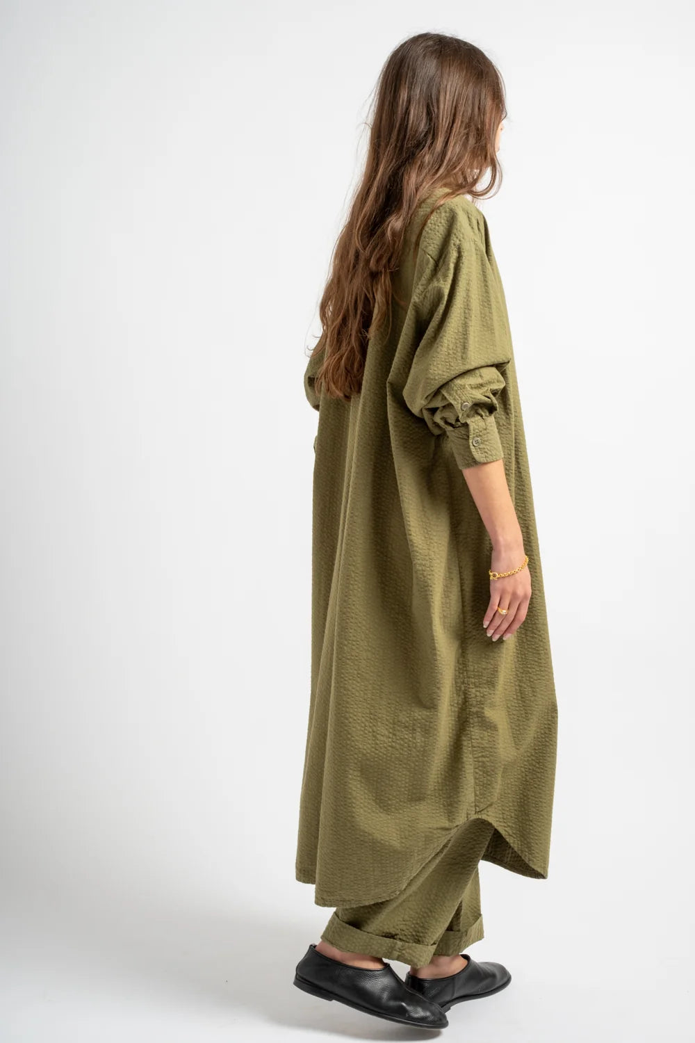 The Shirt Dress in Olive Seersucker