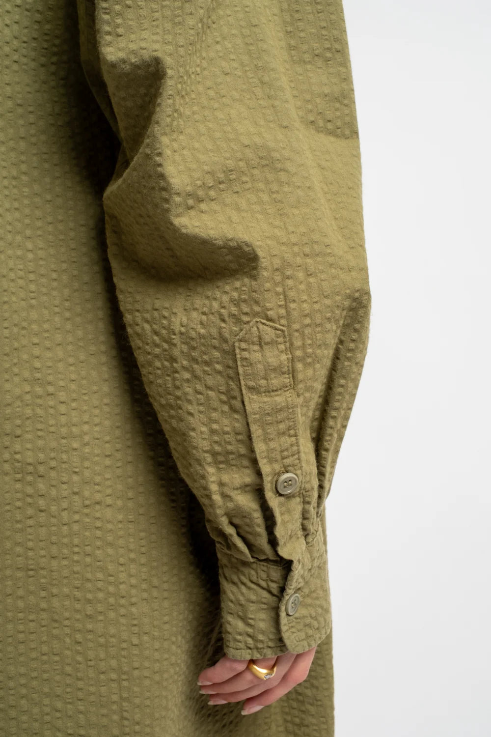 The Shirt Dress in Olive Seersucker