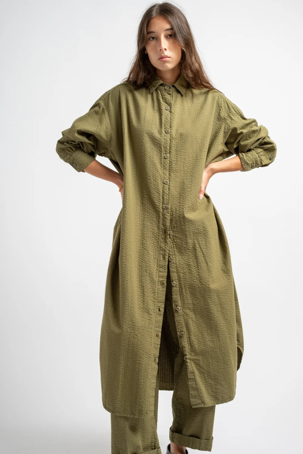 The Shirt Dress in Olive Seersucker