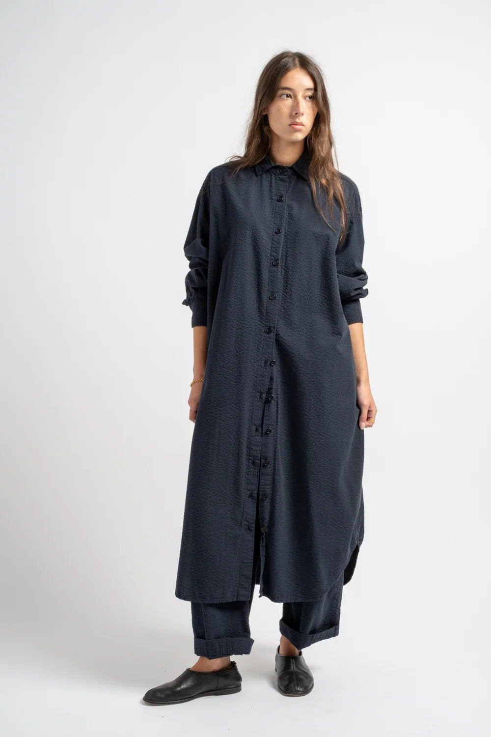The Shirt Dress in Dark Navy Seersucker