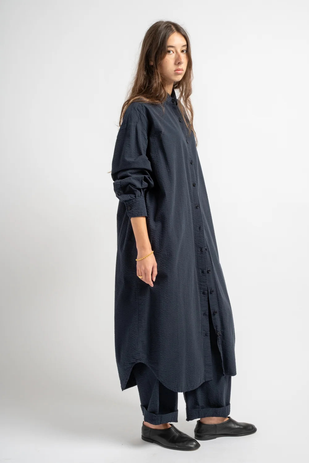 The Shirt Dress in Dark Navy Seersucker