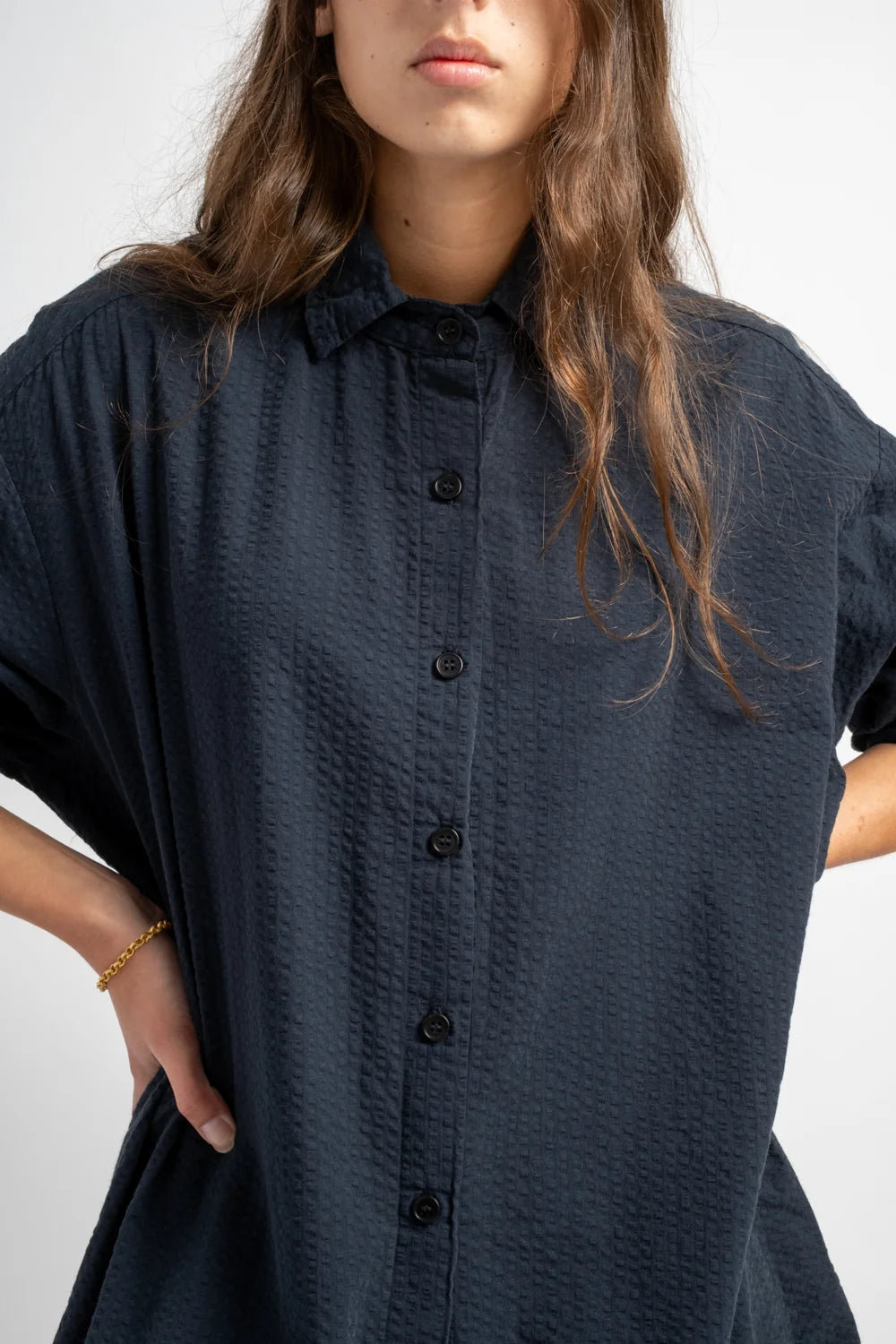 The Shirt Dress in Dark Navy Seersucker