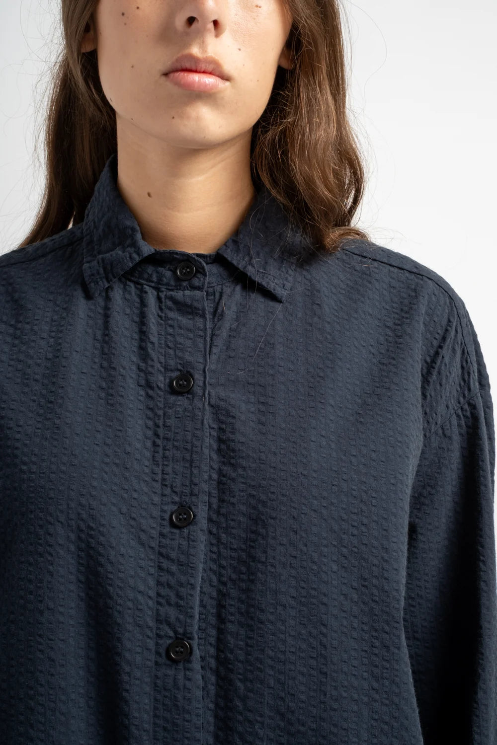 The Shirt Dress in Dark Navy Seersucker