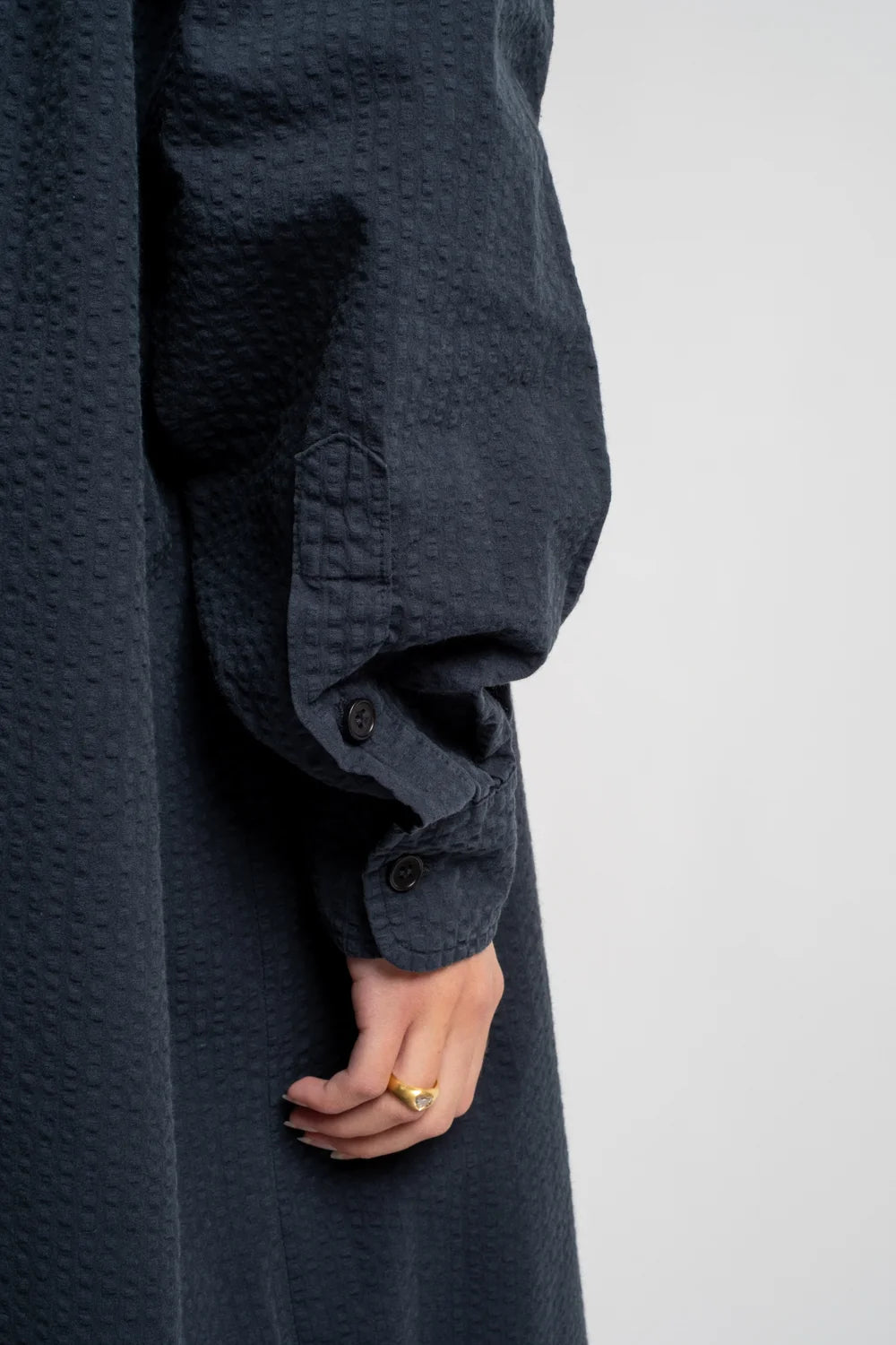 The Shirt Dress in Dark Navy Seersucker