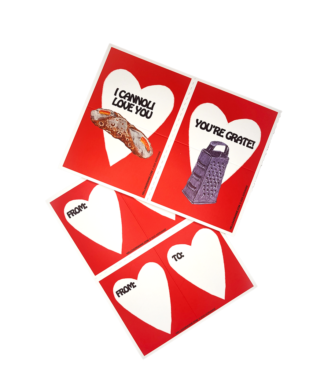 Four red cards with white hearts and humorous text and images on a white background