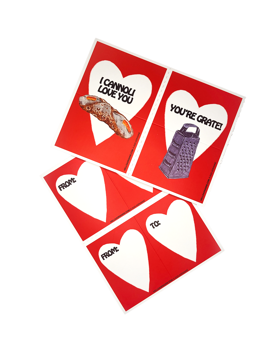 Four red cards with white hearts and humorous text and images on a white background