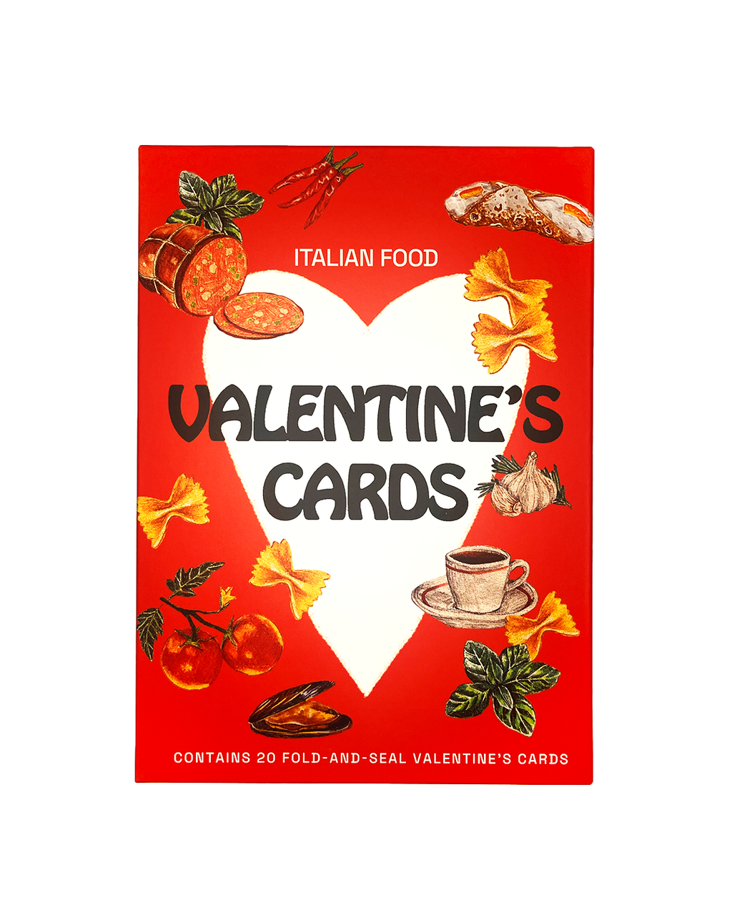 Packaging of Valentine's Day cards with Italian food-themed illustrations on a red background